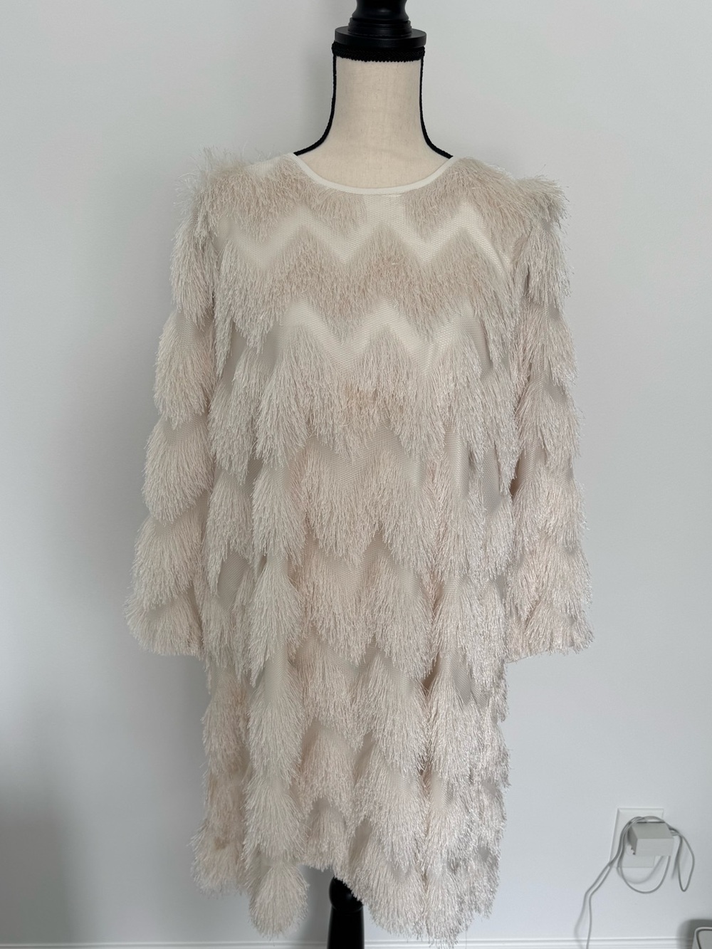 Anthropologie Hutch Cream Textured Fringe Mini Dress